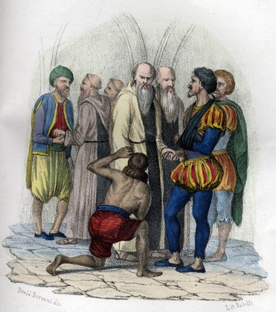 Miguel de Cervantes (1547-1616), spansk författare, tillfångatagen i Alger 1575. i "Ancient and Modern Algeria" av Léon Galibert. Italiensk upplaga i 1846 färg. av Unknown artist