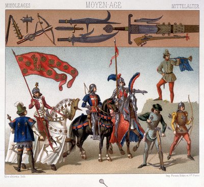Militärdräkter under medeltiden mellan 1439 och 1450. I ”Den historiska dräkten” av A. Racquet av Unknown artist