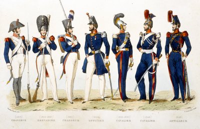 Militäruniform: jägare (1815), grenadjär (1815 - 1830), jägare (1830), officer (1848), ryttare (1815 - 1830), ryttare (1848), skytt (1848) - i "Fasttes de Gardes Nationales de France" ” av Unknown artist