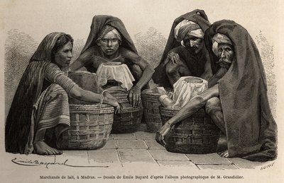 Mjölkhandlare, på gatorna i Madras (dagens Chennai, Tamil Nadu). Gravyr för att illustrera resan i Indiens meridionalprovinser, av Alfred Grandidier, 1862-1864, publicerad i "" le tour du monde", under ledning av D