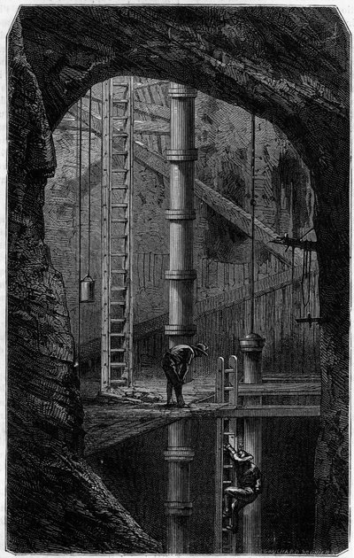 Gruvarbetare inne i en plåtgruva i Cornwall, England. Gravyr i journalen "" La jeunesse"" av Unknown artist