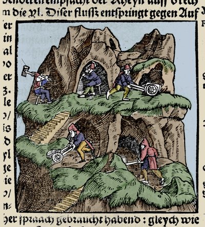 Gruvor på 1400-talet. Gravyr från Johann Stumpffs ”Den Edlen Strength Besten Fromen”. början av 1500-talet. av Unknown artist