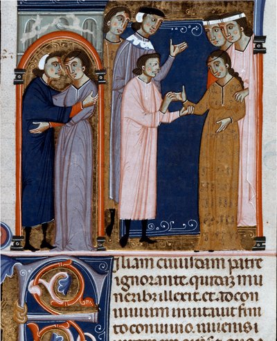 Miniatyrförlovningsceremoni hämtad från "Decret de Gratien" ("Concordia discordantintium canonum" eller "Decretum Gratiani") från 1140 och reglerar den romersk-katolska kyrkans lagar och kanoner. 1300-talets Cesena av Unknown artist