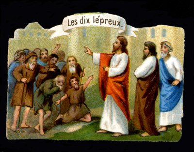 Jesu mirakel. Kristus som bekämpar de spetälska. 1800-talets kromolitografi. av Unknown artist