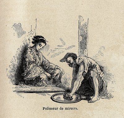 Spegelpolerare. Gravyr för att illustrera resan till Japan 1863-1864, av Aime Humbert, minister för Schweiziska edsförbundet, i "Le tour du monde, nouveau journal des voyages", publicerad under ledning av Edouard Charton av Unknown artist