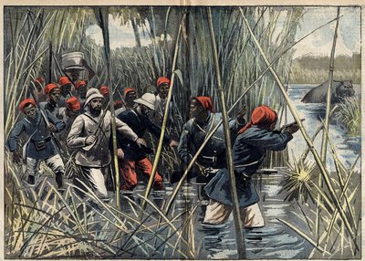 Mission Marchand (1896-1899) till Fachoda (Sudan): den franske kaptenen Baratier (1864-1917) och hans trupper ryckte fram genom kärret mot Fachoda. (Enligt kapten Baratiers loggbok). Illustration i "" Le Pelerin"" den 6 november av Unknown artist