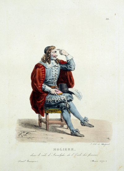Molieres kostym i rollen som Arnolphe i stycket "Kvinnornas skola"" 1670. Kostym av fransk komedi av Hippolyte Lecomte (1781-1857). Gravyr av 1800-talet. Coll. Nu går vi. av Unknown artist