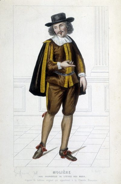 Molière i rollen som Sganarelle i pjäsen "The school of makes"" av Unknown artist