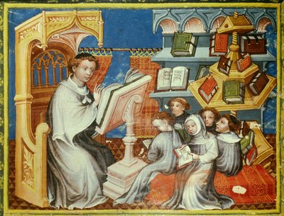 Monastisk skola i klostret för eremiterna i Saint Augustine i Paris: en munk på en predikstol läser en lecon med tonåringar men också med laics. Till höger ett pundhjul. Miniatyr i "" bible historiee"" (Bible historiale) av Pierre Comestor (P av Unknown artist