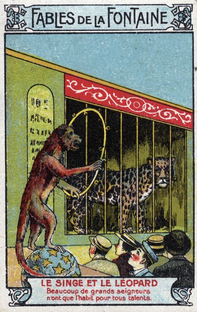 Apa och leopard - Fabler av Jean de La Fontaine (1621-95) - Kromolitografi från slutet av 1800-talets privatsamling av Unknown artist