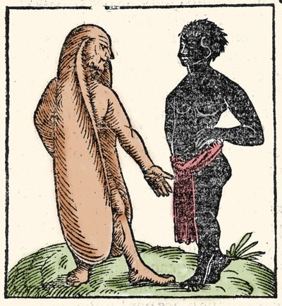 Monstruösa varelser: två afrikanska män, en av dem med långa öron för att skydda sig mot solen och kylan. När en situation skrämmer dem låter deras öron dem flyga iväg. Symboliskt låter de dem lyssna bättre till Guds ord. Xylogr av Unknown artist
