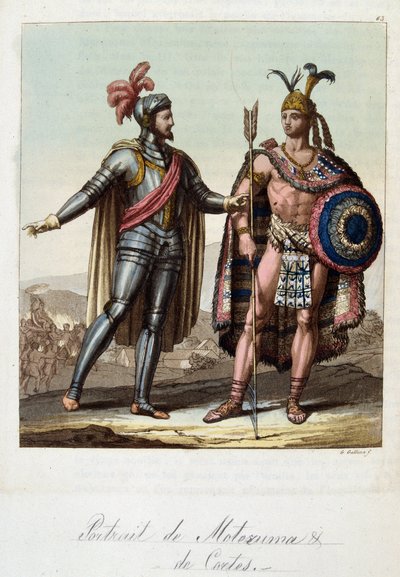 Montezuma II, aztekernas kung, och Hernan (eller Hernando) Cortes eller Fernand Cortez (1485-1547), spansk conquistador - i "" Den gamla och moderna kostymen"" av Ferrario, red. Milano av Unknown artist