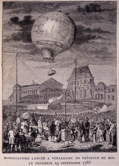 Montgolfiere sjösattes i Versailles, i närvaro av kungen (Louis XVI), fredagen 19/09/1783 - i "" Les Contemporains"", n.d. slutet av 1800-talet. av Unknown artist
