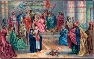 Moses och Aron mot den arga faraos kromolitografi från slutet av 1800-talet. av Unknown artist