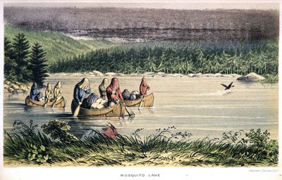 Mosquito Lake i Kanada: Indianer kanot över sjön med myggnät på huvudet - i "Exploration of the Labrador Peninsula" av Hind, London av Unknown artist
