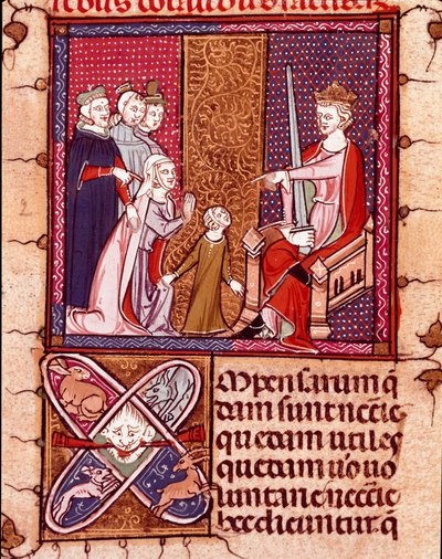 Mor och barn framträder inför en kung, representant för Justice Miniature hämtad från "Justiniani in Fortiatum"" 1300-talets kungliga bibliotek i Escorial Monastery (Escorial), Spanien av Unknown artist