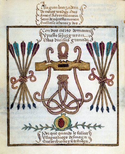 Katolska kungars motto. Emblem av katolska kungar. Miniatyr i "" Devotorio de la Reyna Da Juana som de kallade La Loca"" av Pedro Marcuello av Unknown artist