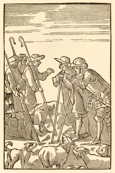 Mountain Delectable de går nu upp från The Pilgrims Progress From This World, To That Who Is To Come av John Bunyan (1628-1688) Christian and Hopeful meet the Shepherds: Knowledge, Experience, Wat av Unknown
