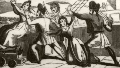 "Mrs Glass och hennes dotter vädjar till piraterna att rädda deras liv", ca 1836 av Unknown artist