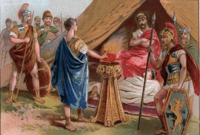 Mucius Scaevola före Porsenna (Micius Scaevola före Porsenna). Caius Mucius Scaevola, en ung romersk patricier tillfångatagen av det kungliga gardet i Porsenna (Porsinna, Porsena) av Unknown artist