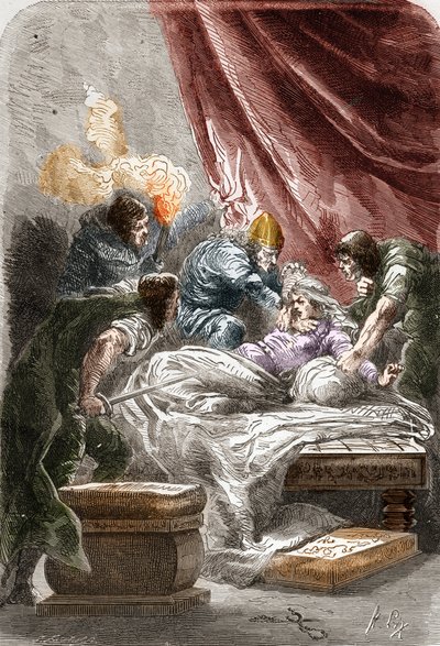 Mordet på Galswinthe (Galsuinde) (Galsuinte) (ca 545 - 567), drottning av frankerna i Neustrien, hustru till Chilperic I (frankernas kung). Gravyr i "" Histoire De France En Cent-målningar av Paul Lehugeur "" 1891 av Unknown artist