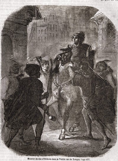 Mordet på Ludvig I av Valois, hertig av Orléans (1372 - 1407) i Old Rue du Temple av Jean Sans Ppeur - i "" Histoire de France"" av L.-P. Anquetil av Unknown artist