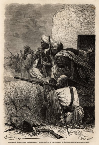 Muslimska bergsklättrare bosatte sig i bergen i Svat och kämpade mot en engelsk expedition 1863 för att stoppa plundringen av byar i regionen. Gravyr för att illustrera berättelsen om Pandjab och Kashmir, av Guillaume Lejean 1866, publicerad i "" Le tour d av Unknown artist