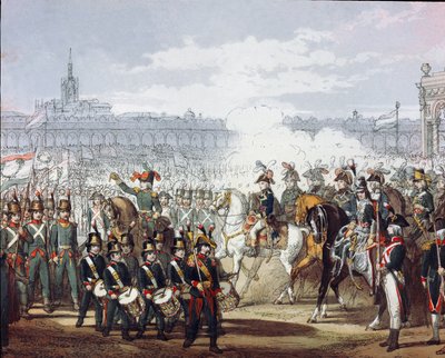 Napoleon Bonaparte (1769-1821) recenserar den lombardiska och cispadanska legionen av milisen den 09/07/1797 akvarellgravyr. Milano, Museo del Risorgimento av Unknown artist