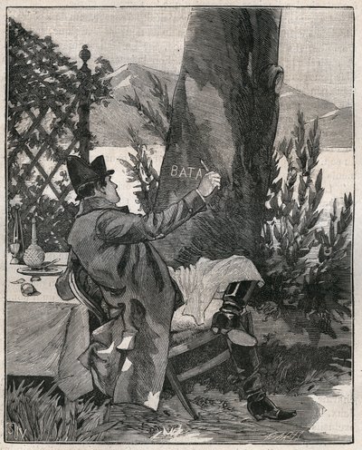 Napoleon Bonaparte (1769-1821) skrev ordet "Bataglia" på stammen av ett lagerträd på ön Isola Bella vid Maggioresjön (Lago Maggiore), tre dagar före slaget vid Marengo år 1800. Gravyr från 1885 i "" Les arts et metiers illustres” av Unknown artist