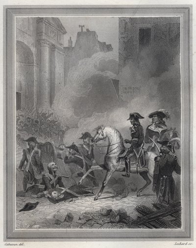 Napoleon krossar det kungliga upproret - Napoleon Bonaparte (till häst) beordrade revolutionära trupper i gatustrider den 13 Vendemiaire (5 oktober) - 13 Vendemiaire 1795 (Royalistupproret den 5 oktober 1795): Bonaparte återtog ordern genom shoo av Unknown artist