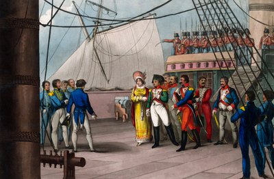 Napoleon anförtror sig till den brittiska tron - Napoleon Bonaparte ombord på Bellerophon, det brittiska skeppet som ledde honom till exil vid St. Helene (St. Helene) den 15 juli 1815 - Napoleon den store överlämnade sig själv till den brittiska nationens  av Unknown artist