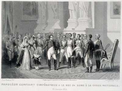 Napoleon anförtror imponen och hennes son, kungen av Rom, till nationalgardet (23 januari 1814) - i "Fasttes de Gardes nationales de France"" av Unknown artist