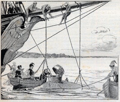 Napoleon flyr från ön Saint Helene i en ubåt (ubåt) - illustration till romanen av Emile Cyprien (Emile-Cyprien) Driant (1855-1916), "Emperor