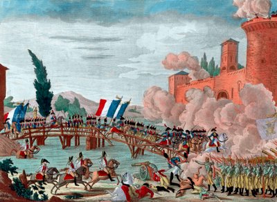 Napoleon leder sin armé över bron vid Lodi - Napoleon under striden och passagen av bron i Lodi 1796 - Passage av bron över Lodi i Italien av den republikansk-franska Armee på uppdrag av generalen Napoleon Bonaparte - av Unknown artist