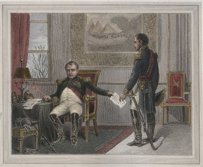 Napoleon undertecknar sin abdikation 1814 - Napoleon Bonaparte (1769-1821) i Fontainebleau under sin första abdikering, undertecknad i april 1814 Gravyr i "Les Fastes Populaires, ou Histoire des acts heroiques du peuple et de son influence sur les sciences av Unknown artist