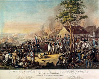 Napoleonkrigen: Slaget vid Belle Alliance eller Waterloo vann 1815-06-18 av de väpnade styrkorna under order av Arthur Wellesley, hertig av Wellington (1769-1852) och prins Blucher av Unknown artist