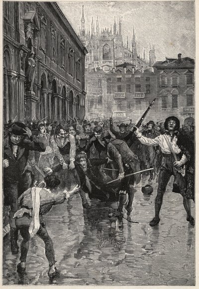 Napoleons abdikation uppmuntrar till upplopp i Milano, och Giuseppe Prina, den impopulära finansministern, dras runt på gatorna och dödas slutligen av folkhopen på Piazza San Fedele i Milano, den 20 april av Unknown artist