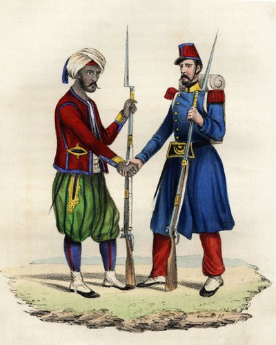 Infödda och franska jägare från den franska armén i Afrika i Algeriet 1830. I "" Storia d