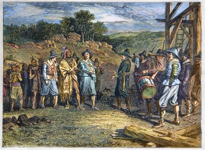 Ursprungsbefolkning i Amerika: indianer. Nybyggarna träffade Massasoit (1590-1661) även känd som Ousamequin "Yellow Feather"" chef för Wampanoag-stammen, Plymouth Colony, år 1620. Wampanoag-ledaren Massasoit besökte kolonister i Plymouth av Unknown artist