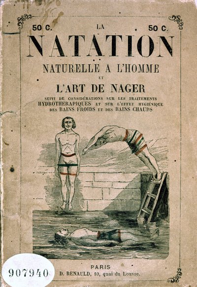 Naturlig simning med människan och simkonsten, och överväganden om hydroterapibehandlingar och den hygieniska effekten av kalla och varma bad - Frontispice, sent 1800-tal av Unknown artist