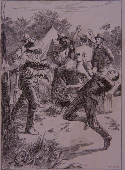 Ned Kelly dödar poliskonstapel Lonigan vid Stringybark Creek 1878 (gravyr) av Unknown artist