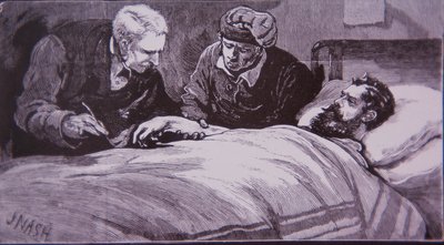 Ned Kelly ligger skadad på fängelse sjukhus i Melbourne efter att ha blivit tillfångatagen av polis den 28 juni 1880 (gravyr) av Unknown artist