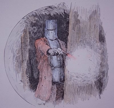 Ned Kelly bär sin hemgjorda rustning, i konfrontation med polisen (handfärgad gravyr) av Unknown artist