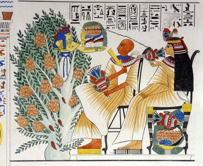 Nephtys, egyptisk gudinna, springer ut ur det mystiska trädet och erbjuder mat till den avlidne - i "Monument of Egypt and Upper Nubia" av Ippolito Rosellini (Rossellini). 1800-talet. av Unknown artist
