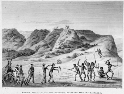 New Holland, Bay of Marine Dogs, Peron-halvön: intervju med indianerna (möte mellan aboriginer och nybyggare) - gravyr, deb. 1800-talet av Unknown artist