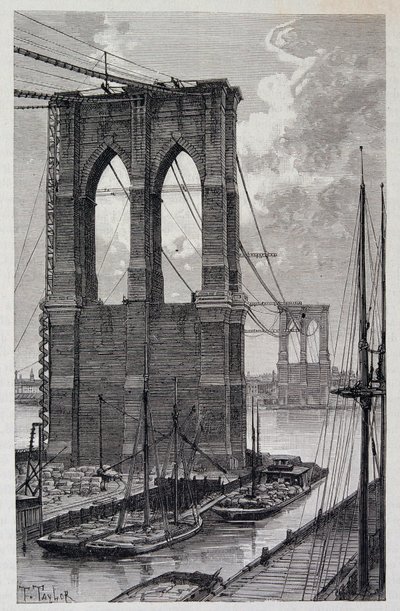 New York: Brooklyn Bridge pålar under uppbyggnad - i "The World Tour", 2:a terminen 1881 av Unknown artist