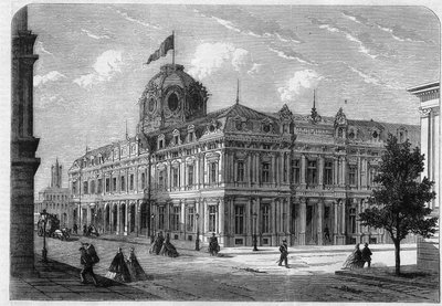 Ny handelsdomstol i Paris Quai de Corse (tidigare Quai Desaix) på Ile de la Cite, byggd enligt planerna av arkitekten Antoine Nicolas Louis Bailly (1810-1892) med överenskommelse med prefet Georges Eugene Haussmann (Baron Haussmann) av Unknown artist