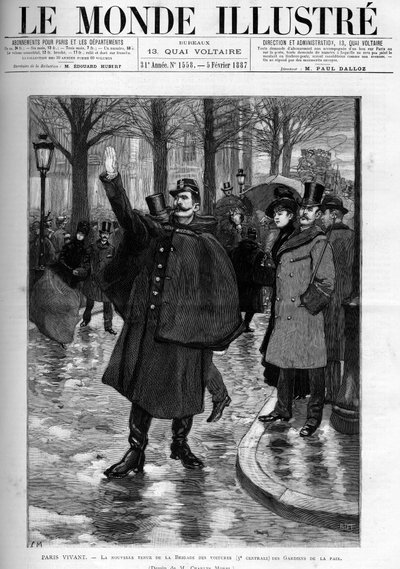 Ny klädsel från fredsbevararnas bilbrigad i Paris. Gravyr i "" Le monde illustrious"" av Unknown artist