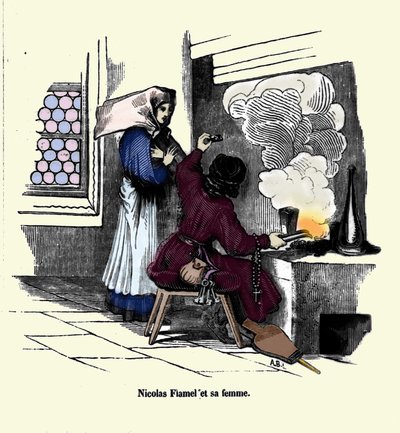Nicolas Flamel (1330 - 1418) med sin fru. av Unknown artist