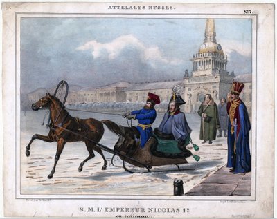 Nicolas I en traineau - Nicholas I av Ryssland i en släde - Anonym - 1850 - Litografi, akvarell - 21,3x26,8 - Privat samling av Unknown artist